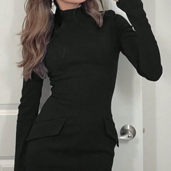 Dresses & Skirts - Black Casual Women's Plus Size Stand Collar Elegant Long Sleeve Bodycon Dress